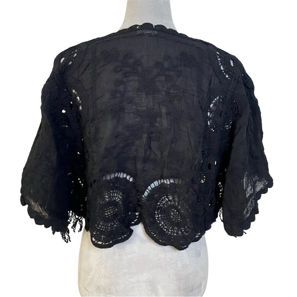 POL Boho Crochet Embroidered Cropped Top OS BlacK Festive Hippie Gypsy Gothic - Picture 4 of 15